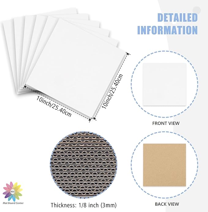 Mat Board Center, 25 pack 10x10 Corrugated Cardboard sheet, 1/8 inch thick, for Mailing, Box & Shipping, Cardboard Backing, Craft Card Board