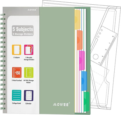 5 Subject Notebook - Spiral Notebook, College Ruled Notebook With Dividers Pocket, Tabs, 11" Ruler, 300 Pages, for Writing Journal, Home & Office, School Supplies, 8.5x11''Forest Green 150Sheets