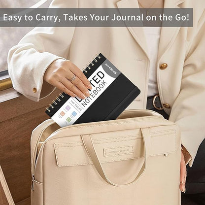 AHGXG Bullet Dotted Journal Spiral Notebook, Hardcover Leather Dotted Notebook 140 Pages, A5 Dot Grid Paper Notebook, 100 gsm Thick Paper, for Bullet Journaling, 5.7" x 8.3", Black