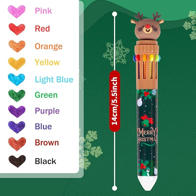 Cute Cartoon Christmas Multicolor Ballpoint Pen 0.7 mm, 10-in-1 Colored Pens Fine Point Retractable Ballpoint Pens for Office School Students Kids Christmas Gift, 5 Pack