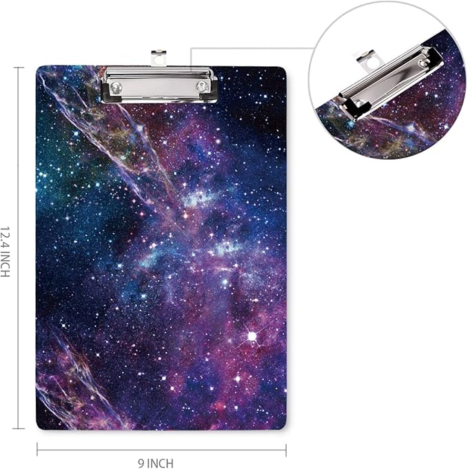 Clipboard Decorative, Clipboard Cute, WAVEYU A4 Letter Size Clip Board Pattern with Low Profile Clip, Retractable Key Hole for Hanging Paperboard for Office School Supplies, Nebula Black (12.5"x9")