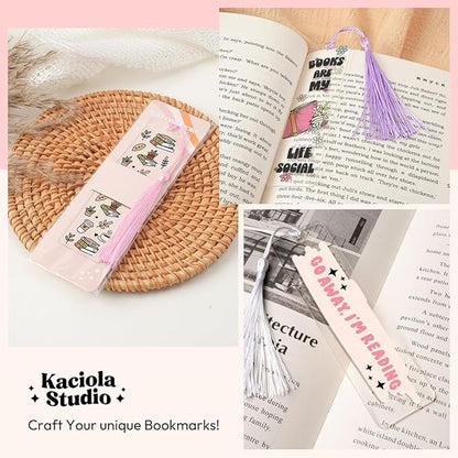 48PCS Bookmark Making Kit, 24 Acrylic Bookmark Blanks with 24Pcs Tassels, 24UV Stickers about Booklover Theme, DIY Blank Bookmarks Waterproof UV DTF Transfers Stickers for Clear Bookmarks DIY Projects