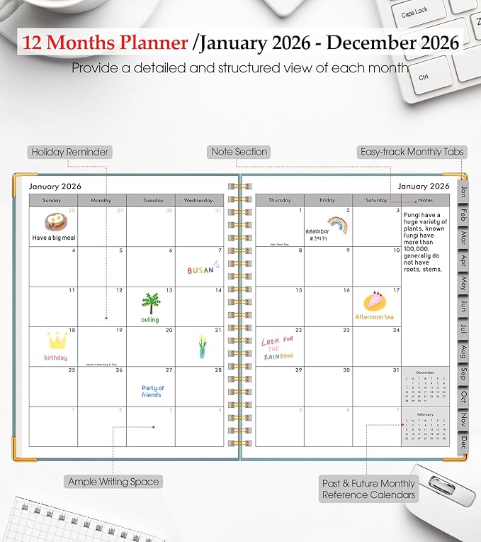 2026 Planner, Weekly and Monthly Calendar Planner from January 2026 - December 2026, 8.5" x 11" Hardcover Leather Hourly Appointment Book with Tabs, Spiral Daily Planners for College School Work Home,Blue