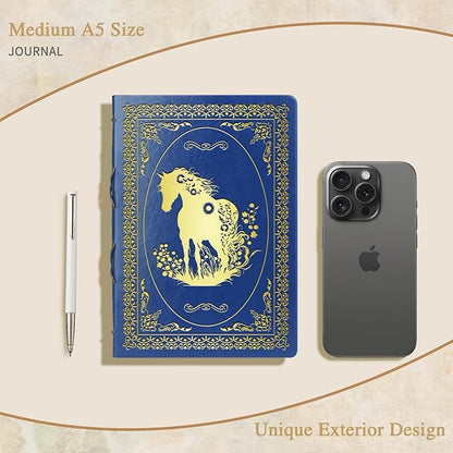 Dark Blue A5 Horse Gifts for Women Girls Faux Leather Vintage Notebook Inspirational Horse Trainer Gift Hardcover Executive Notebook,200 Pages 120 Gsm Thick Ruled Paper With Pen,Horse Lover Gifts Equestrian Gift (Horse Dark Blue)