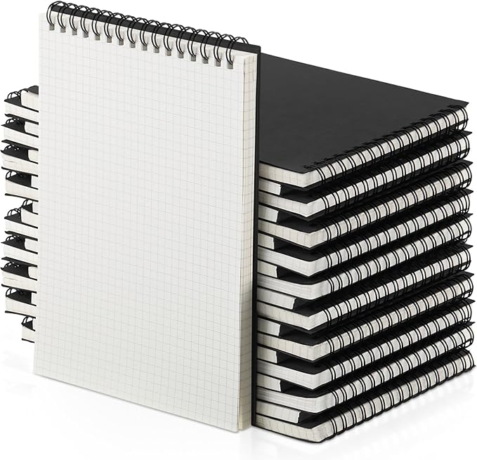 Graph Paper Spiral Notepad A5 Top Wirebound Notepad Grid Notebook Steno Pads Memo Notebook Grid Paper 140 Pages for Writing Sketching Drawing Office Supplies(Black,24 Pack)