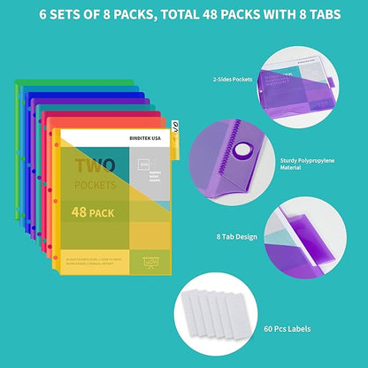 Binditek 48 Pack Plastic 8-Tab Binder Dividers with 2 Pockets, Tab Insertable Poly Pocket Dividers for 3 Ring Binders, Letter Size, Multicolor, Writable Label Cards, for Students and Coworkers, 6 Set