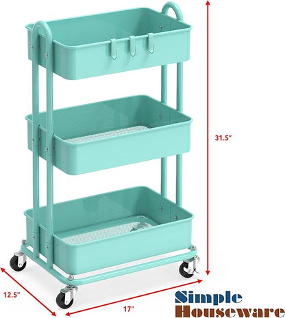 Simple Houseware Heavy Duty 3-Tier Metal Utility Rolling Cart, Turquoise