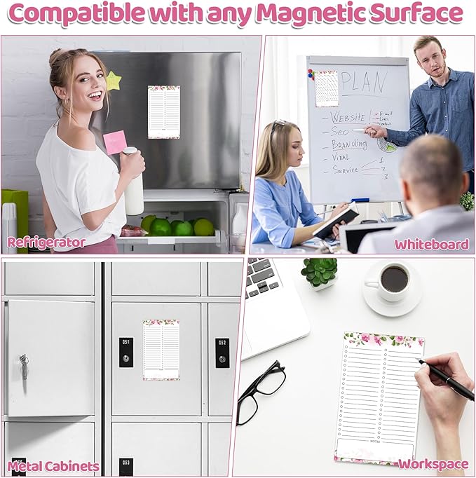 2 Pack Grocery List Magnet Pad for Fridge with Pen Holder, Totally 120 Sheets Magnetic Note Pad for Fridge Full Back Magnet Shopping List, To Do List, Memo Notepads, 4.5x7.5"(Pink Flower)