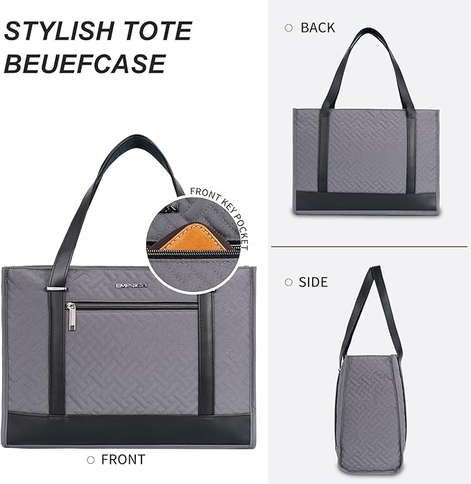 EMPSIGN Laptop Tote bag for women 16 Inch, Stylish Computer Shoulder Tote Bag for Work, Large Capacity Quilted Laptop Briefcase, Waterproof Women Business Office Bag, Quilted Grey