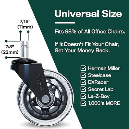 The Original Rollerblade Office Chair Wheels (As Seen On PBS) - Incredibly Smooth & Quiet Rolling Casters - Safe for Hardwood Floors & Carpet - Easy Installation with Universal Fit - Set of 5