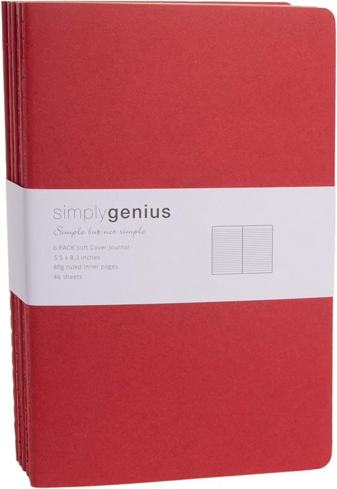 Simply Genius A5 Notebooks for Work, Travel, Business, School & More - College Ruled Notebook - Softcover Journals for Women & Men - Lined Note Books with 92 pages, 5.5" x 8.3" (Red, 6 pack)