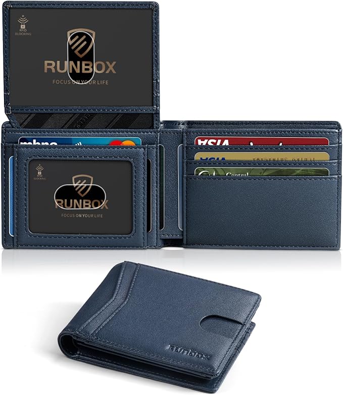 RUNBOX Wallet for Men Slim Rfid Leather 2 ID Window With Gift Box