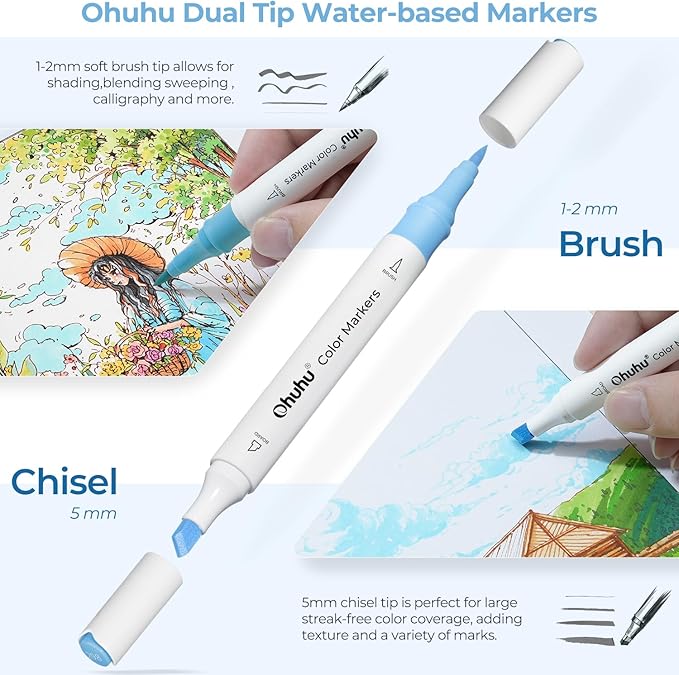 Ohuhu Markers for Adult Coloring Books No bleeding 140 Colors Water-based Coloring Markers Dual Tips Chisel & Brush Drawing Pens Art Markers for Kids Adults Beginners Lettering Journaling