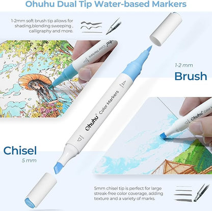 Ohuhu Markers for Adult Coloring Books No bleeding 140 Colors Water-based Coloring Markers Dual Tips Chisel & Brush Drawing Pens Art Markers for Kids Adults Beginners Lettering Journaling