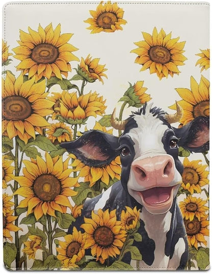 Cow Sunflower Printed Portfolio Folder Leather Padfolio with A4 Size Clipboard Clip for Business Resume Interview Document Sleeve Binder Folder for Men/Women