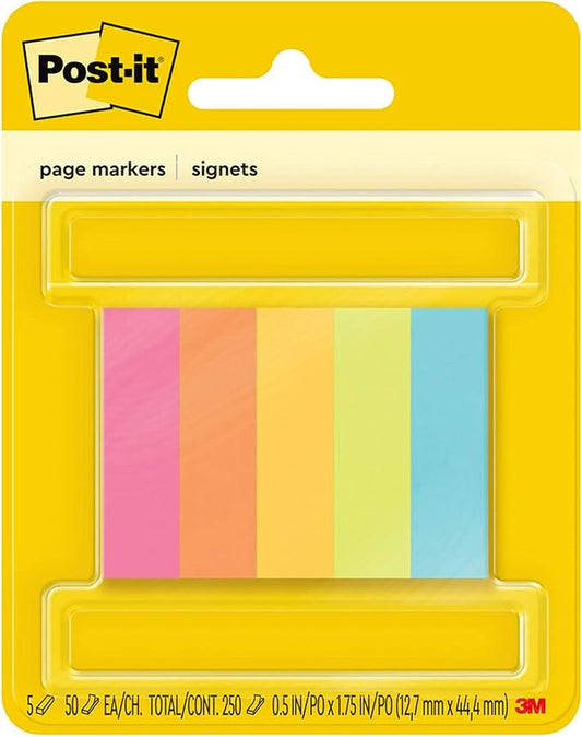 Post-it Page Markers, Assorted Colors, 1/2 in x 2 in, 50 Sheets/Pad, 5 Pads/Pack (670-5AF)