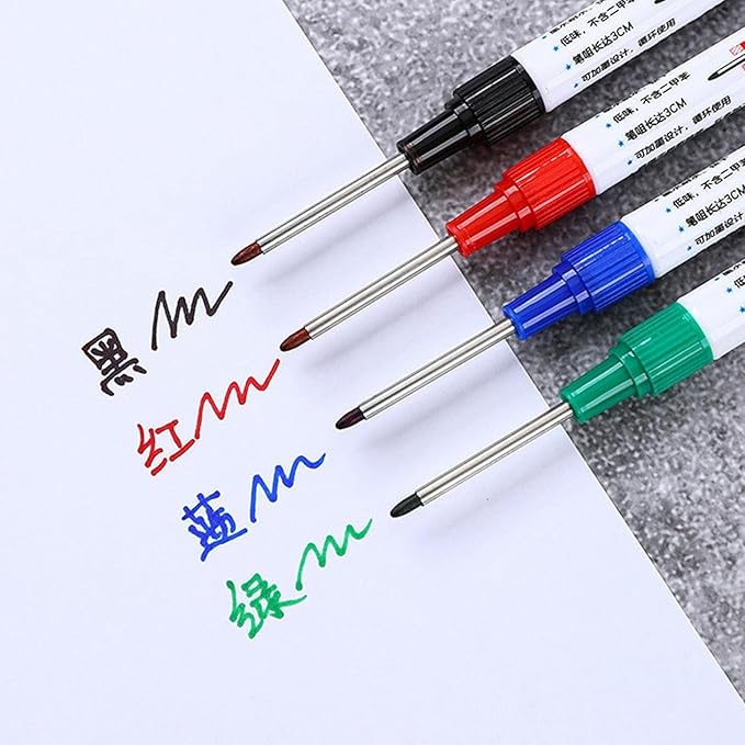 4 Pcs Multi Purpose Deep Hole Marker Pens,Long Nib Head Marker Waterproof Colorful Carpenter Pen for Bathroom Woodworking Decoration,Red Black Blue Green Ink Permanent Markers Marker Pens (Black)