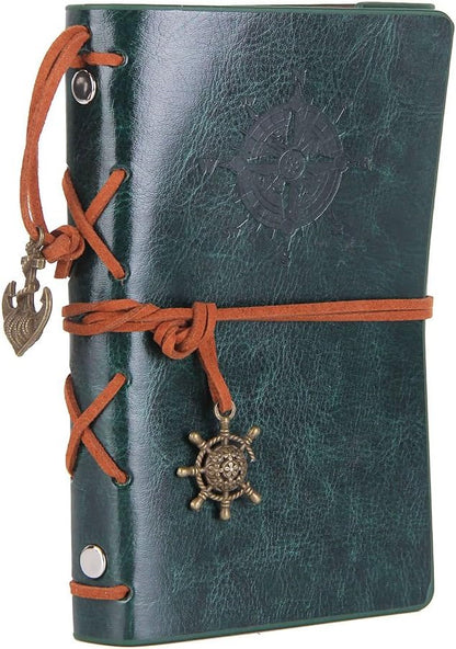 EvZ Leather Writing Journal Notebook, 5 Inches Vintage Nautical Spiral Blank String Diary Notepad Sketchbook Travel to Write in, Unlined Paper, Retro Pendants, Classic Embossed, Retro Green