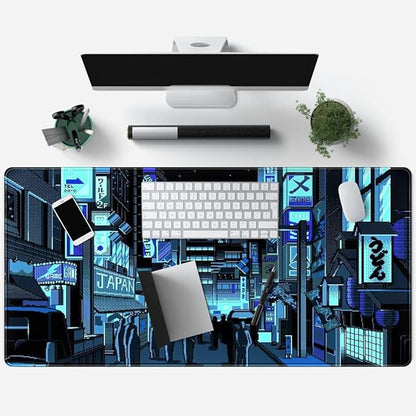 Japanese Gaming Arcade Blue Large Gaming Mouse Pad Keyboard Desk Pad Extended Mouse Pad Gaming Office Decor, Pc Laptop Mouse Pads Large (31.5x15.7 in) with Stitched Eges Non-Slip Base Mousepad XXL