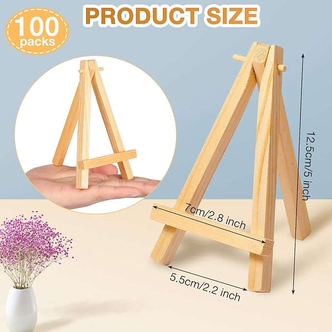 100 Pieces Mini Wood Easel Stands Small Wooden Canvas Easels Display Art Craft Tripod Painting Tabletop Holder for Artist Crafts, Business Cards, Photos, Gift(5 Inch)