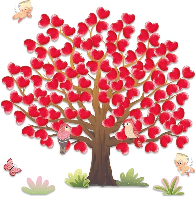 Valentine's Day Bulletin Board Decorations Valentine Tree Bulletin Board Set Heart Classroom Tree Bulletin Board Stickers Heart Bulletin Board Tree Wall Background Banner Decor (Cute Style)