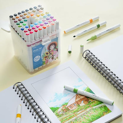 Ohuhu Markers for Adult Coloring Books No bleeding 64 Colors Water-based Coloring Markers Dual Tips Chisel & Brush Drawing Pens Art Markers for Kids Adults Beginners Lettering Journaling