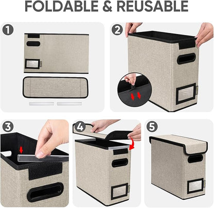 BALEINE File Organizer Box with Lid, Collapsible File Folder Organizer with Plastic Slide, Hanging File Folder Box for Office Document Storage (2 Pack, Beige, S)