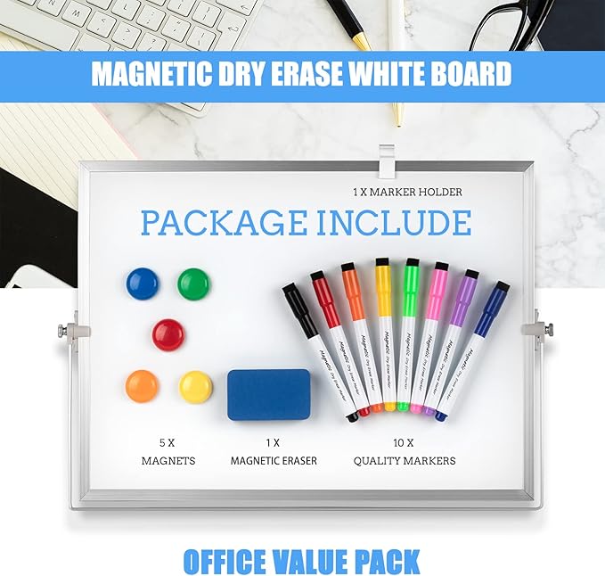 Dry Erase White Board, Cazeyoo Magnetic Desktop Whiteboard 16 x 12inch with Stand, 10 Markers, 4 Magnets and 1 Eraser, Portable Double-Sided White Board for Kids Drawing, Office, Home, School - White