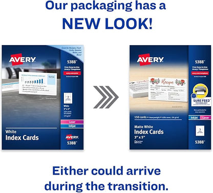 Avery Printable Index Cards with Sure Feed Technology, 3" x 5", White, 150 Blank Index Cards for Laser or Inkjet Printers (05388)