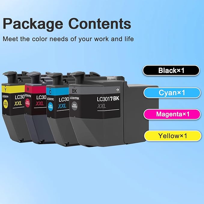 LC3017 LC-3017 High Yield Color Ink (BK/C/M/Y) 4-Pack (LC3017BK, LC3017C, LC3017M, LC3017Y One each) Replacement for Brother LC3017 Ink Cartridges MFC-J5330DW MFC-J6530DW MFC-J6530DW Printer, LC3017XL