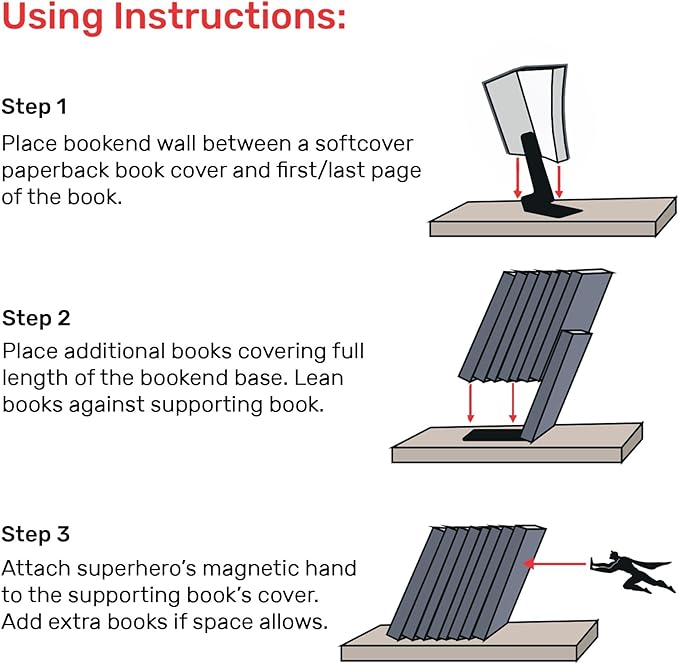 Artori Design Book Ends to Hold Books Heavy Duty Hidden Metal Bookends for Shelves Bookend Book Holder for Home Decorative Gift for Book End Lovers and Home Décor (Supergal+Book&Hero)