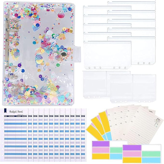 35 Pieces A6 Binder PVC Cover with 10 Clear Binder Pockets, Waterproof 6-Ring Budget Binder Envelopes System Budget Planner Organizer, Budget Sheets & Card Bags & Papers & Label for Cash Envelopes
