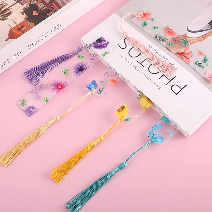 20 Pieces Flower Resin Bookmark Transparent Floral Bookmarks for Women Cute Bookmarks Flower Page Marker with Tassels Graduation Gifts for Women