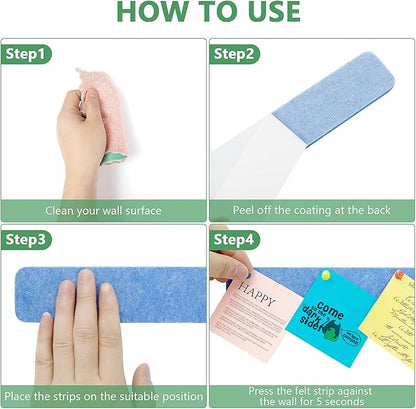 8 Pcs Felt Pin Board Bar Strips Bulletin Board for Bedrooms Offices Home Wall Decoration, Notice Board Self Adhesive Cork Board with 50 Push Pins for Paste Notes, Photos, Schedules (Multi-Blue)