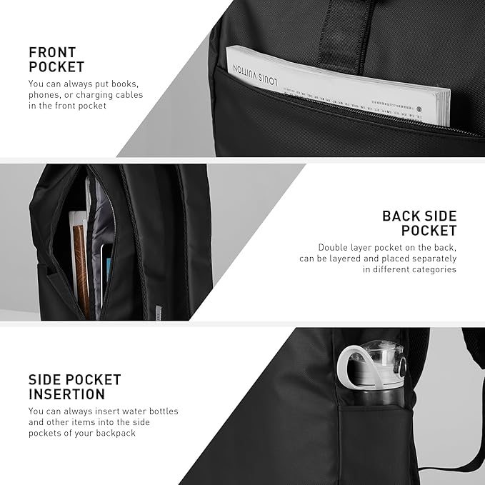 Roll Top Backpack -Lightweight, Water-Resistant, Expandable Casual Daypack for 13-16 Inch Laptop-Ideal for Work,City Commute,Campus -Adjustable Capacity 17-20L-Black