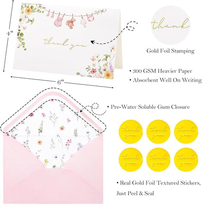 Crisky Baby Shower Pink Gold Thank You Cards (50 Pack) with Envelopes & Stickers Girl Baby Shower Greeting Cards Bulk, Watercolor Delicate Wildflower for Baby Shower Party
