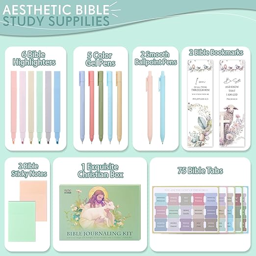 XKDOUS Bible Study Supplies Journaling Kit for Women, Bible Study Kit, 12 Pastel Bible Highlighters and Pens No Bleed, 75 Laminated Bible Tabs, 2 Bible Bookmarks and More