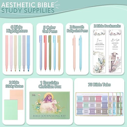 XKDOUS Bible Study Supplies Journaling Kit for Women, Bible Study Kit, 12 Pastel Bible Highlighters and Pens No Bleed, 75 Laminated Bible Tabs, 2 Bible Bookmarks and More