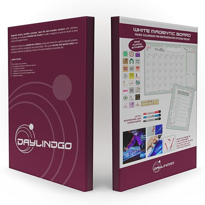 DAYLINDGO Magnetic Refrigerator Calendar - Magnetic Fridge Calendar 12.6" x 8.7" 3 Markers & 1 Invisible Ink & Grocery List Dry Erase Magnet Calendar for Fridge Kitchen Organization, Shipped Flat