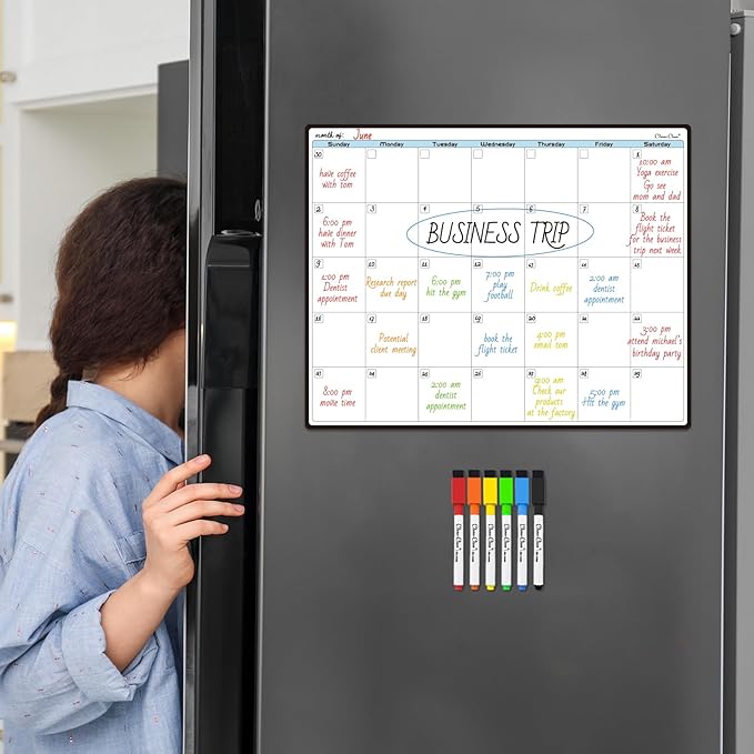 CLEVER CLEAN Magnetic Dry Erase Monthly Calendar - 14.25"x11.25" Monthly Calendar Board for Fridge - 6 Extra Fine Point Markers Included - Shipped Flat
