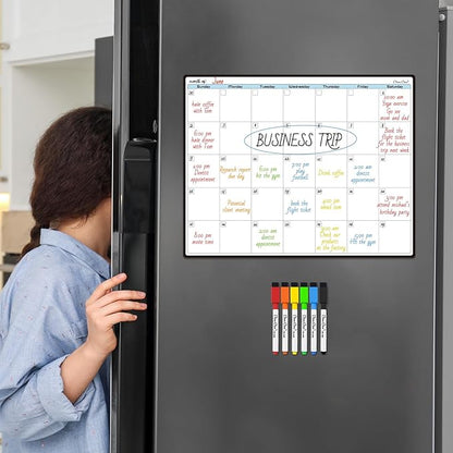CLEVER CLEAN Magnetic Dry Erase Monthly Calendar - 14.25"x11.25" Monthly Calendar Board for Fridge - 6 Extra Fine Point Markers Included - Shipped Flat