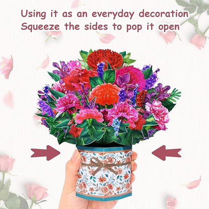 Carnation Bouquet Pop Up Card, Flower 3D Greeting Card with Envelope for Any Occasion, Birthday, Mother's Day, Anniversary, Valentines Day, Foldable Flower Cards for Mother or Loved Ones