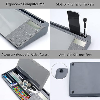 TOWON Desktop Glass Whiteboard with Basic Calculator, 12 Digit LCD Display, Desk Organizers with Accessories for Office, Home, School Supplies, Storage with Dry Erase Board Surface, Gray, 18'' x 6''