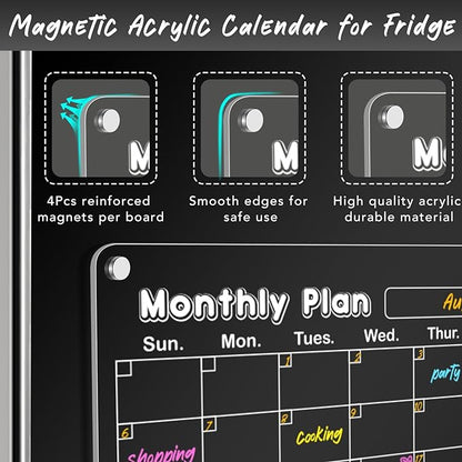 DIYMAG 3Pcs Acrylic Magnetic Dry Erase Calendar for Fridge, Clear Acrylic Calendar Planning Board Set Magnetic Weekly Monthly Planner Menu for Refrigerator with 6 Highlight