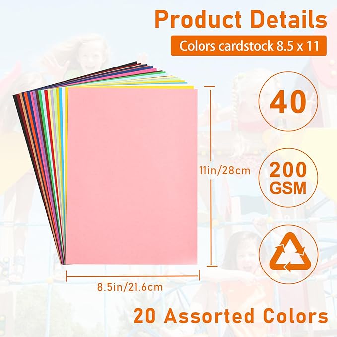 40 Sheets Colored Cardstock 8.5 x 11 Craft Paper, 20 Assorted Colors 75lb Thick Construction Paper Card Stock for DIY Making Cards, Wedding Invitations, School, Memus, Birthday Decorations
