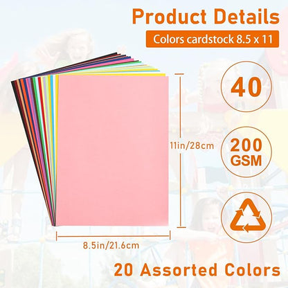 40 Sheets Colored Cardstock 8.5 x 11 Craft Paper, 20 Assorted Colors 75lb Thick Construction Paper Card Stock for DIY Making Cards, Wedding Invitations, School, Memus, Birthday Decorations