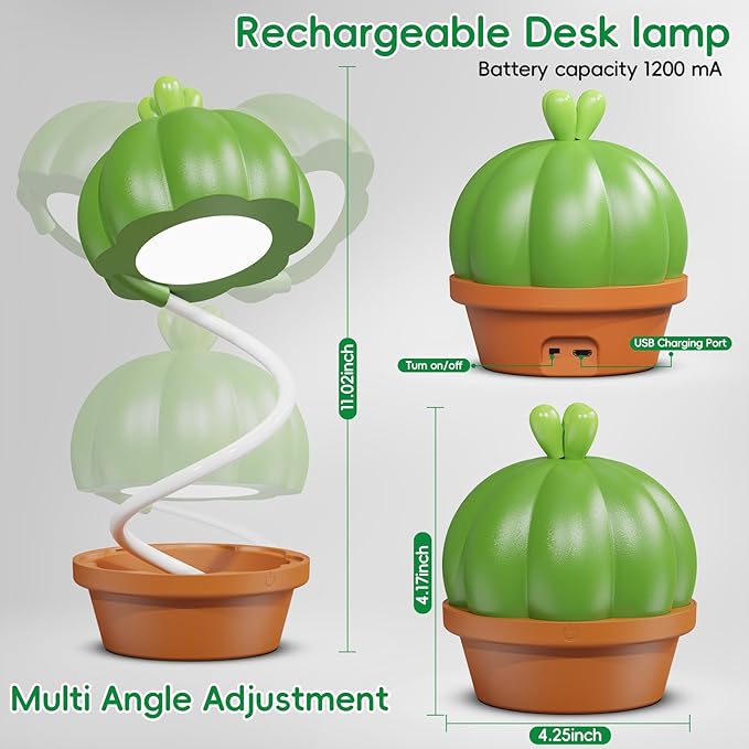 Cute Desk Lamp for Kids, Cactus Small Desk Lamps with Dimmable Touch,Rechargeable Kawaii Desk Lamp Nursery Night Lights, Desk Accessories Kawaii Room Decor for Kid Gifts (Green Cactus Lamp)