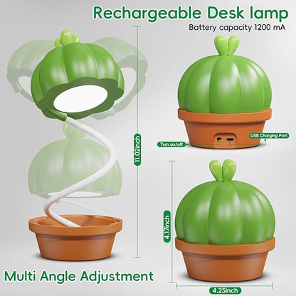 Cute Desk Lamp for Kids, Cactus Small Desk Lamps with Dimmable Touch,Rechargeable Kawaii Desk Lamp Nursery Night Lights, Desk Accessories Kawaii Room Decor for Kid Gifts (Green Cactus Lamp)