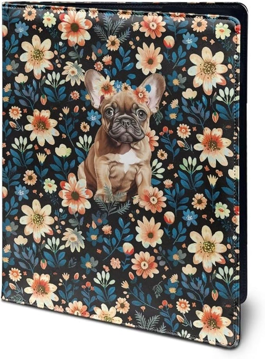 Office Folder Colorful Flower Dog Print PU Leather Padfolio with A4 Size Clipboard Clip for Business Resume Interview Document Sleeve Binder Folder for Men/Women
