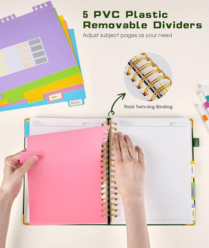 Hardcover Spiral Notebook journal with Removable Dividers Tabs, 300 Pages Leather 5 Subject Notebook College Ruled, 8"x10" Large B5 Notebooks for Work School Note taking, Lined Journal for Women,Green